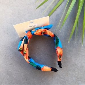 CARA Blue & Orange Floral Faux Satin Bow Headband